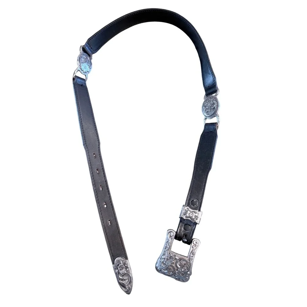 Vintage 1995 Western Leather‎ Harness Floral Engraved Silver Buckle Concho Belt